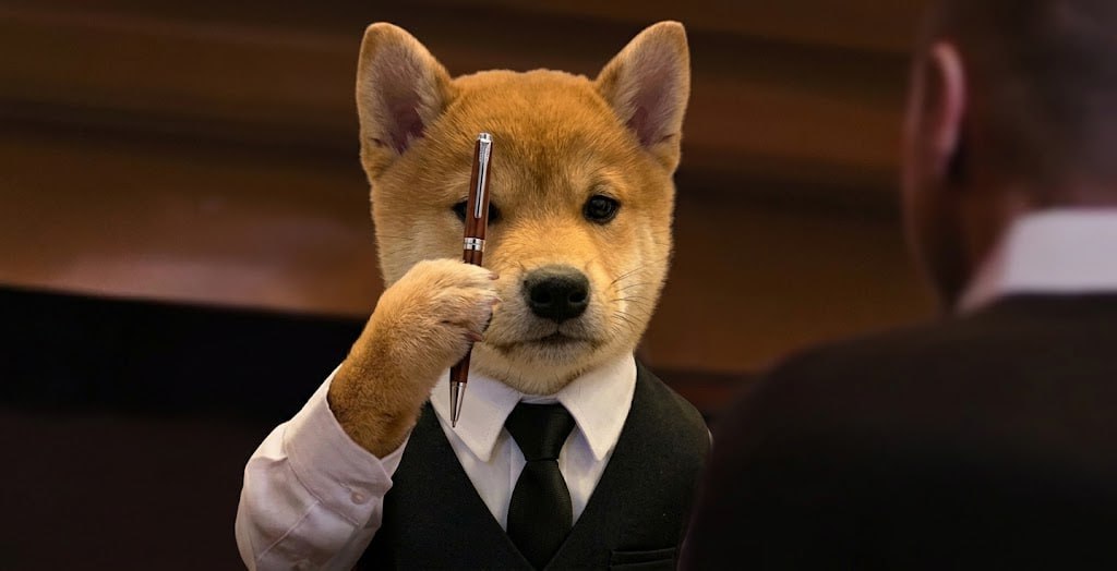 The dog in a vest holding a pen across a boardroom table