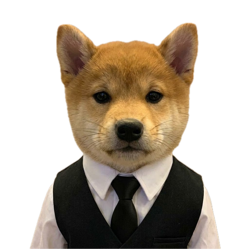 A shiba puppy in a black vest and tie